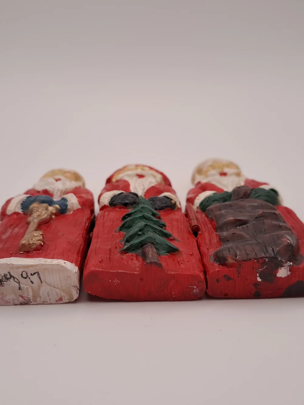 ​Vintage Hand Painted Santa Triptych Hinged Wooden Figurine Set Signed Becky 97
